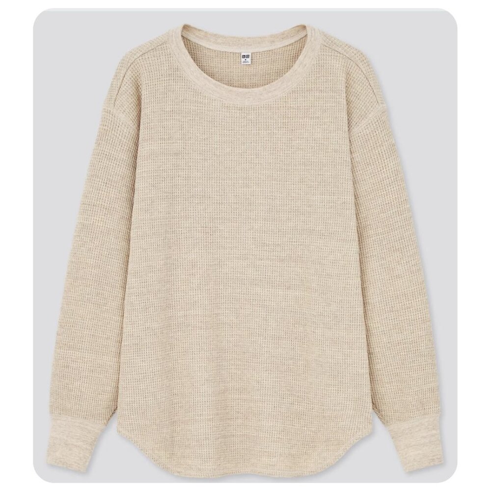 !! Uniqlo Waffle Knit Long Sleeve Crew Neck T-Shirt in Natural sz xs